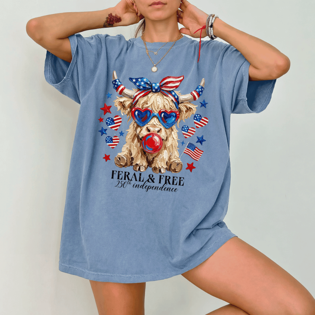 Feral & Free Highland Cow Comfort Colors Shirt – 4th of July Gift for Her, Funny Patriotic USA Tee - back view